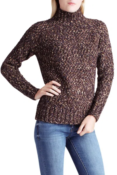 Kensie Twisted Slub Boucle Long Sleeve Mock Neck Sweater In Black Combo In Brown