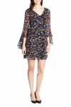 Kensie Unlined Chiffon Sleeve High Low Cuff Ruffle Detail V-neck Shift Dress In Black In Black