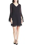Kensie Unlined Chiffon Sleeve High Low Cuff Ruffle Detail V-neck Shift Dress In Black In Black