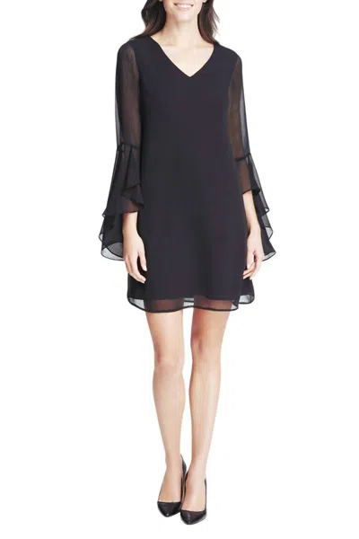 Kensie Unlined Chiffon Sleeve High Low Cuff Ruffle Detail V-neck Shift Dress In Black