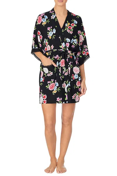 Kensie V Neck Wrap Robe In Black Floral In Multi