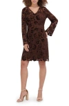 Kensie Velvet Lace Long Sleeve Dress In Brown