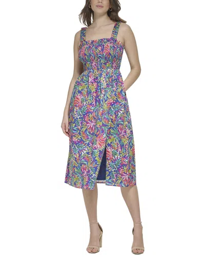 Kensie Smocked Midi Dress In Marine Multi