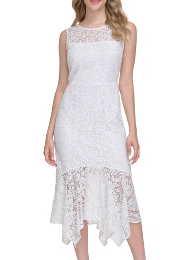 Kensie Women's Floral Lace Handkerchief-hem Midi Dress In Ivory Silver