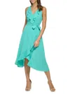 Kensie Women's Belted Ruffle Asymmetric Midi Dress In Aqua Spray