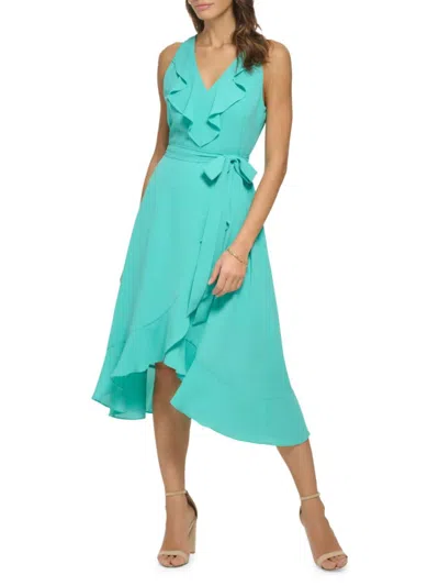 Kensie Womens Asymmetric Mid-calf Wrap Dress In Aqua Spray