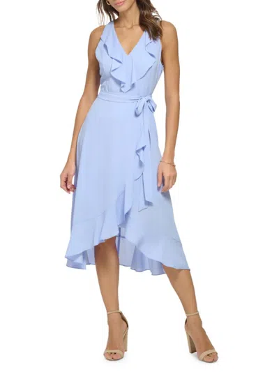 Kensie Women's Belted Ruffle Asymmetric Midi Dress In Perri Blue
