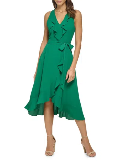 Kensie Women's Belted Ruffle Asymmetric Midi Dress In Tropical Green