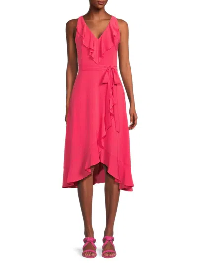 Kensie Women's Belted Ruffle Asymmetric Midi Dress In Watermelon