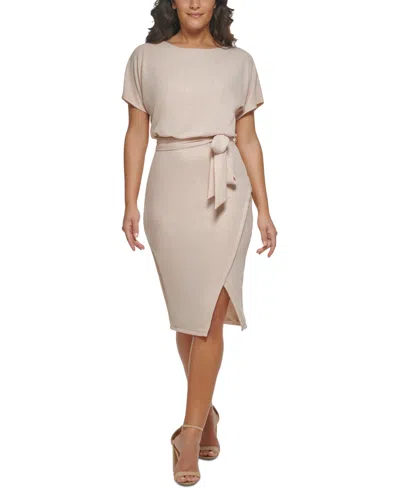 Kensie Women's Boat-neck Faux-wrap Blouson Shimmer Dress In Neutral