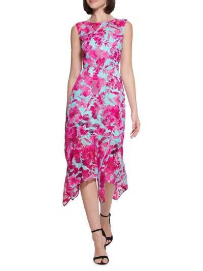 Kensie Women's Burnout Chiffon Handkerchief Dress In Aqua Multi