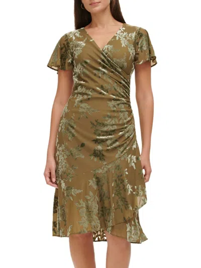 Kensie Women's Burnout Faux Wrap Midi Dress In Olive