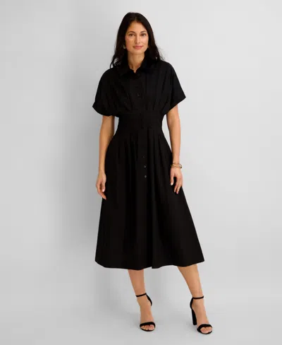 Kensie Women's Button-front Cinched Waist Cotton Midi Shirt Dress In Black