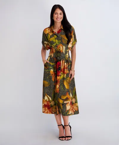Kensie Women's Button-front Collared Neck Midi Shirt Dress In Animal Print