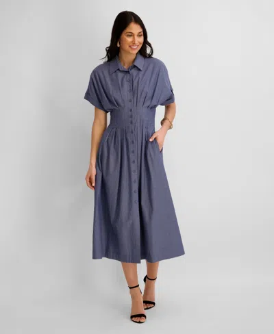 Kensie Women's Button-front Short-sleeve Midi Shirt Dress In Gray