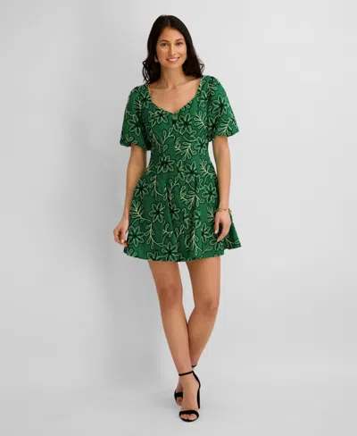 Kensie Women's Corded Woven Printed V-neck Dress In Green
