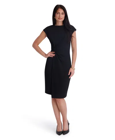 Kensie Women's Crepe Scuba Gathered Twist-front Cap-sleeve Dress In Black