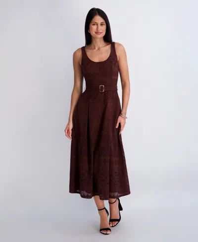 Kensie Women's Crochet Knit Scoop Neck Dress In Brown