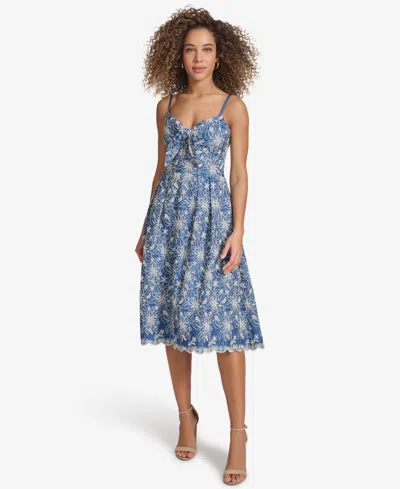 Kensie Women's Embroidered Denim Knot-front Midi Dress In Chambray,ivory