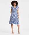 Kensie Women's Embroidered Denim Midi Dress In Chambray,ivory