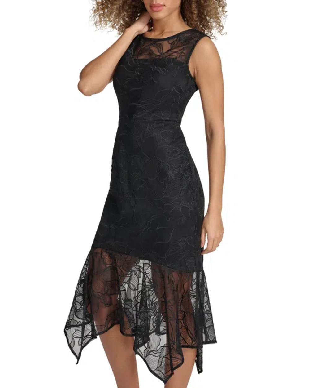 Kensie Women's Embroidered Mesh Handkerchief-hem Dress In Black | ModeSens