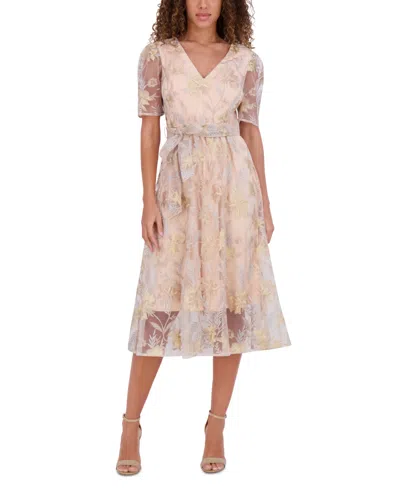 Kensie Women's Embroidered Mesh Tie-waist Midi Dress In Champagne