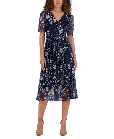 Kensie Women's Embroidered Mesh Tie-waist Midi Dress In Navy,multi