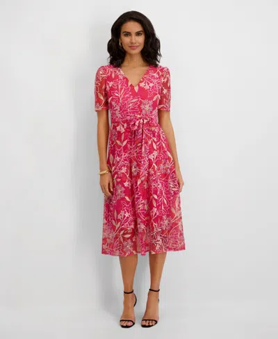 Kensie Women's Embroidered Mesh Tie-waist Midi Dress In Pink