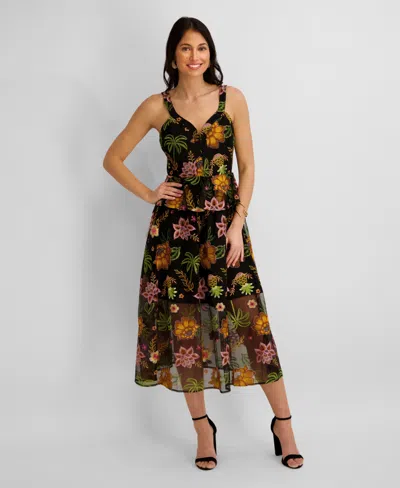 Kensie Women's Embroidered Mesh V-neck Midi Dress In Multi