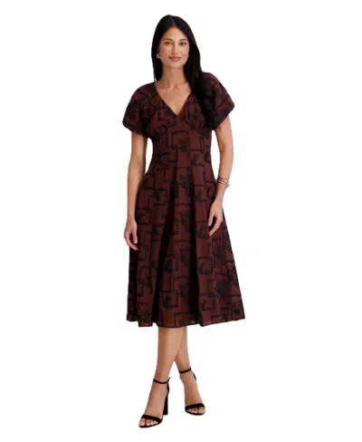 Kensie Women's Embroidered V-neck A-line Midi Dress In Brown