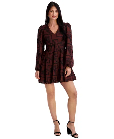 Kensie Women's Embroidered V-neck Blouson Sleeve Mini Dress In Brown