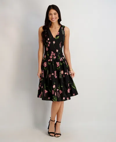 Kensie Women's Embroidered V-neck Dress In Black