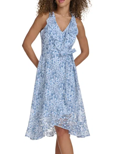 Kensie Women's Floral Belted Midi Dress In Blue White