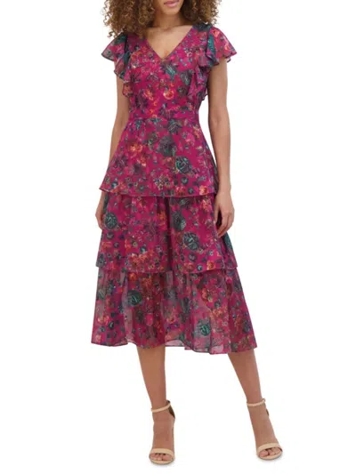 Kensie Women's Floral Chiffon Tiered Midi-dress
