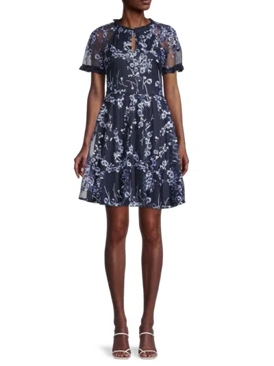 Kensie Women's Floral Embroidered Mesh A-line Dress In Navy