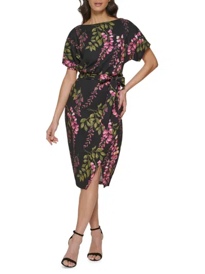 Kensie Women's Floral Faux-wrap Dress In Black Multi