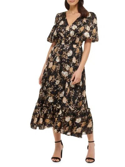 Kensie Women's Floral Print Puff Sleeve Maxi Dress In Black Multi