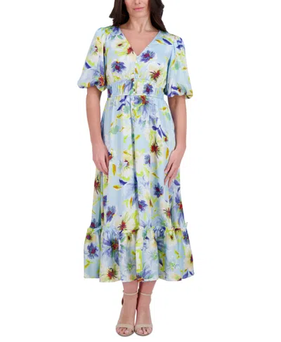 Kensie Women's Floral-print Puff-sleeve Maxi Dress In Light Blue Multi