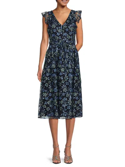 Kensie Women's Flutter Sleeve Floral Day Dress In Navy Green