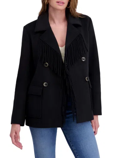 Kensie Women's Fringe Wool-blend Peacoat In Black