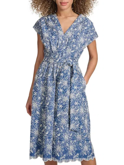Kensie Women's  Faux-wrap Embroidered Chambray Midi-dress