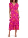 Kensie Floral Cap Sleeve Burnout Chiffon Tiered Maxi Dress In Fuchsia Multi
