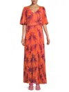 Kensie Women's Leaf Print Blouson Sleeve Maxi Dress In Orange Multi