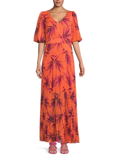 Kensie Women's Leaf Print Blouson Sleeve Maxi Dress In Orange Multi