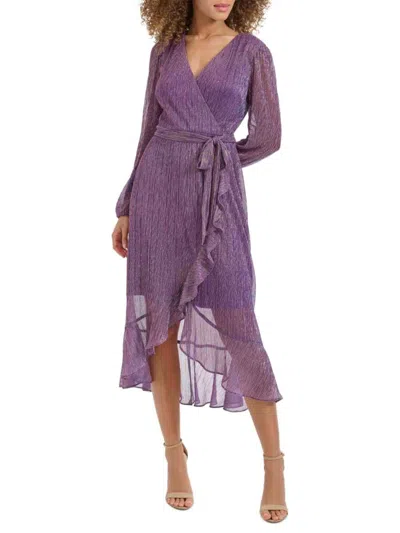 Kensie Women's Metallic Crinkle Belted Midi Dress In Iris