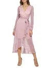 Kensie Womens Faux Wrap Metallic Midi Dress In Pink