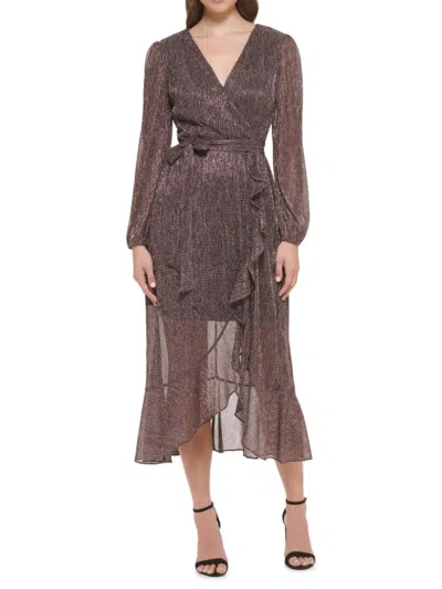 Kensie Women's Metallic Crinkle Belted Midi Dress In Rose Gold