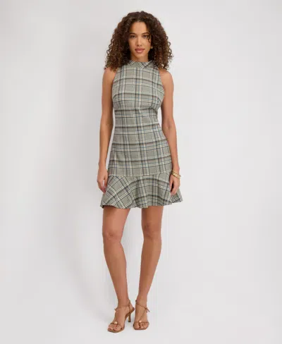Kensie Women's Mock Neck Sleeveless Plaid Woven Dress In Gray