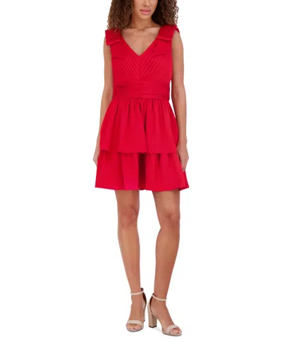 KENSIE WOMEN'S PLEATED BOW-SHOULDER FIT & FLARE DRESS