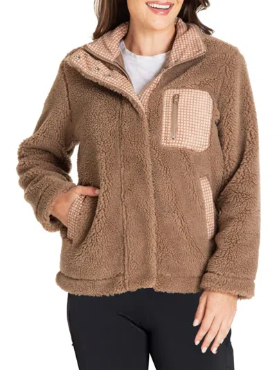 Kensie Women's Plus Zip Front Faux Shearling Jacket In Dark Pecan